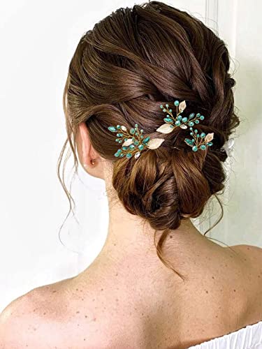 Latious Wedding Bride Leaf Hair Pins Vintage Gold Emerald Green Crystal Bridal Hair Pieces Rhinestones Hair Clips Party Hair Accessories For Women And Girls ( Pack Of 3) (Gold) #TOP1