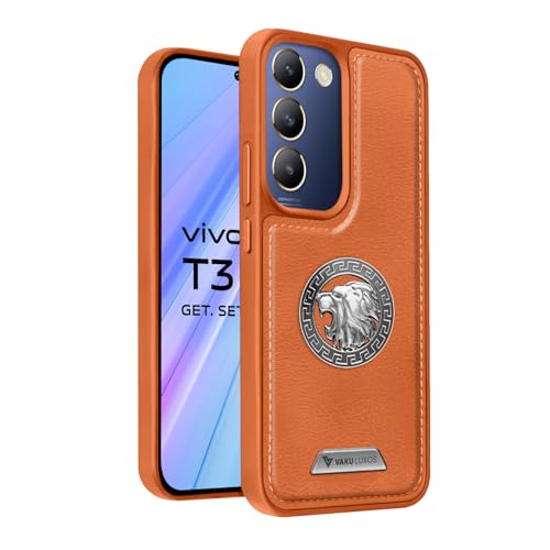 Image of Vaku Luxos Regal Shield TPU Back Cover Case for Vivo T3 5G Metal Lion Engraved Leather Stitched Design Camera Screen Protector- Brown