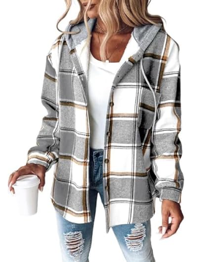CHICME Womens Lightweight Casual Jacket Plaid Long Sleeve Shacket Fleece Lined Hooded Jackets Warm...