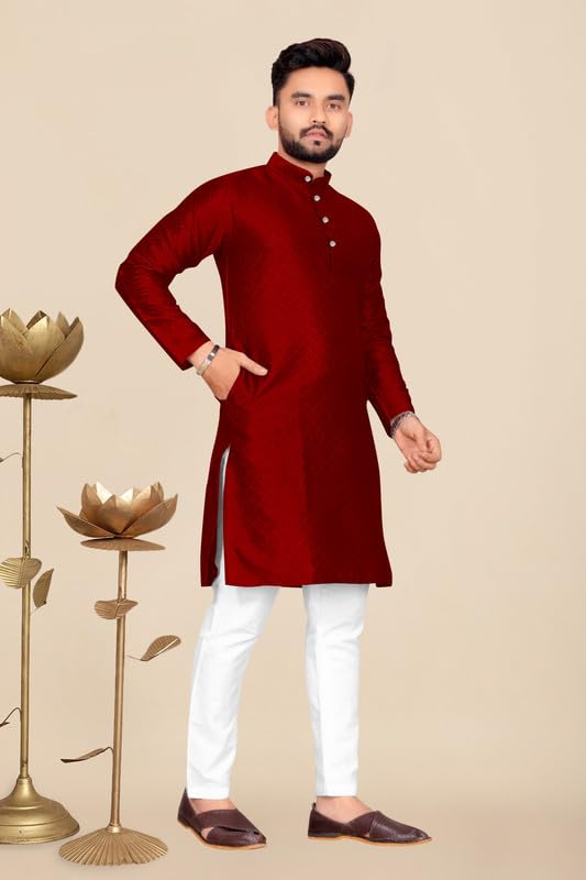 Image of Mens Self Design Cotton Silk Kurta Pyjama Set