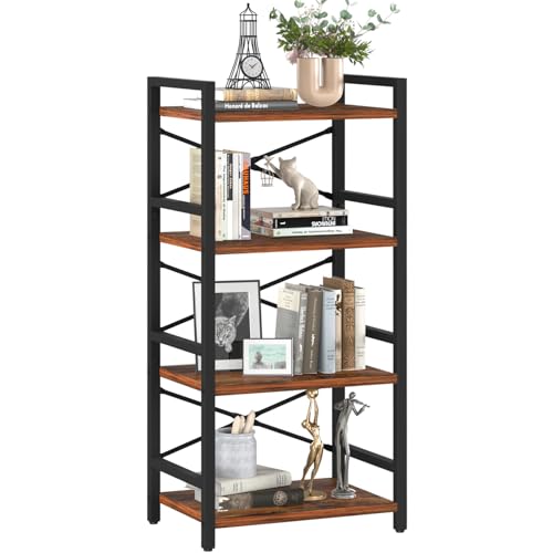 Yoobure 4 Tier Bookshelf - Small Book Shelf Industrial Bookcase, Narrow Book Case Book Storage Organizer for CD/Movie/Book, Bookshelves for Bedroom Office Living Room Berry Brown