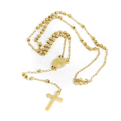 Chapelet acier inoxydable collier croix perles dorées femmes