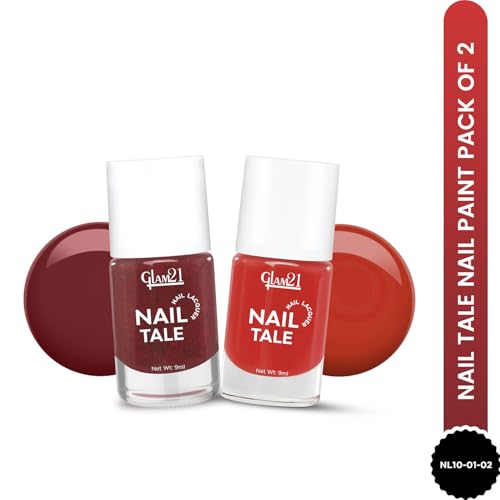 Image of Glam21 Nail Tale- Nail Lacquer|Multicolor|Quick Drying Nail Polish| Glossy Gel Finish Nail Kit | Highly Pigmented & Long Lasting | Chip Resistance|9ml Each| Pack Of 2 (Shade-01-02)