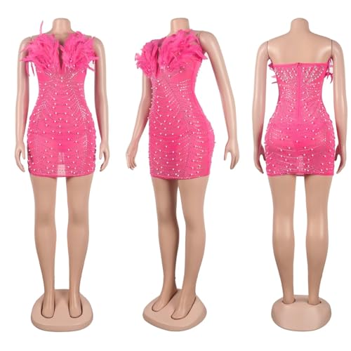 Birthday Dresses for Women Sexy Sparkle Feather See-Through Night Dinner Sequin Rhinestone Outfit XS-2XL4