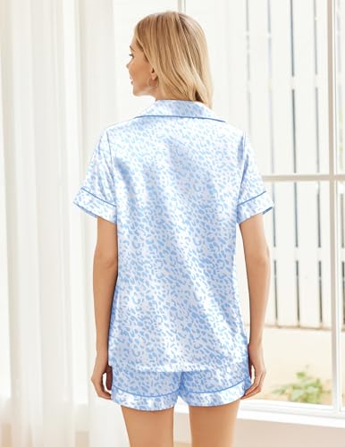 Image of Ekouaer Womens Silk Satin Pajama Sets Soft Short Sleeve Button Down Sleepwear Top and Shorts 2 Piece Pjs Lounge Set,Leopard Light Blue,M