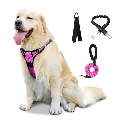 FURRYFECTION Dog Harness | No Pull Dog Harness | Reflective Oxford | Padded Handle | 4 Adjustable Straps | 2 Leash Clips | No Choke Pet Vest Harness for Small Medium Large Dogs | Rose | L