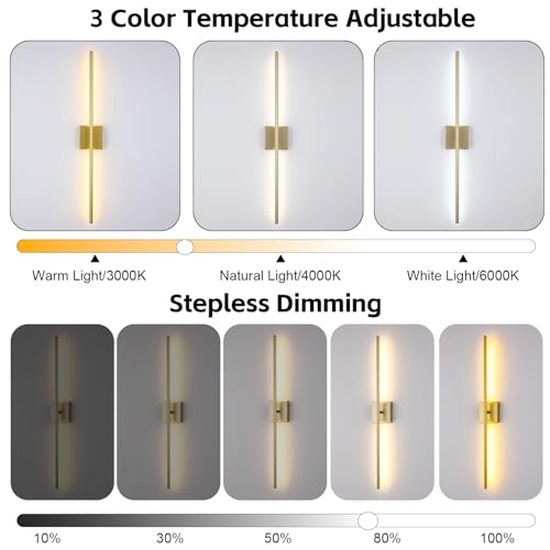 Image of 40 Inch Wireless Wall Sconces Set of 2, Rechargeable Battery Operated Wall Sconce With Remote & Touch, 8000mah, 3 Color Modes, Magnetic, 360 Rotate, for Bedroom, Living Room, Hallway Decor, Gold