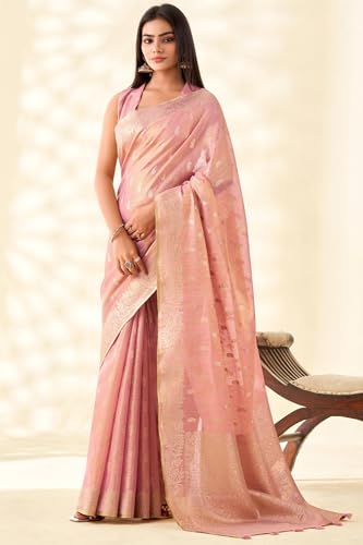 Image of SWORNOF Gold-Toned Woven Design Silk Zari Tissue Saree | Saree for Women | Soft and Skin Friendly