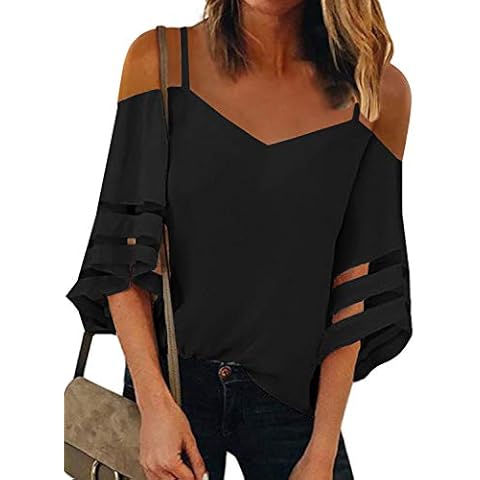 Modasua Ladies Tops Summer Tops for Women Sexy Cold Shoulder Tops V Neck Chiffon Shirts Bell Sleeve Blouse Loose Fit Shirts Casual Tees Black T Shirts for Women UK Size 14-16 Cover