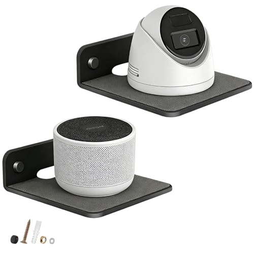 TRINENOX Small Metal Wall Shelf for Speaker & Router, 6.1x5.1 Black Floating Wall Shelf with EVA Pad&Cable Hole, Wall Mount Shelf for Bluetooth Speaker, Mesh Router, Camera, Phone, Echo Dot, Alexa