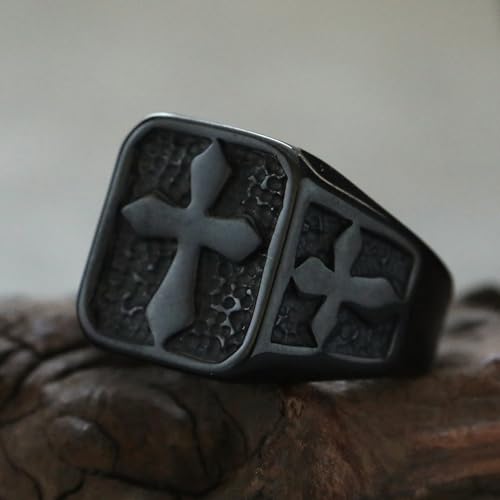 Cross Ring for Men,Stainless Steel Black Religion Cross Ring Bold Square Band with Cut Out Cross Motifs, Gothic Style Statement Christian Jewelry Size 8-122