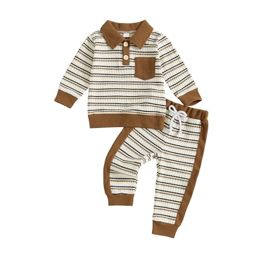 Image of Loalirando Toddler Baby Boy Clothes Stripe Long Sleeve Lapel Button Sweatshirt Tops + Casual Pants Sets 2pcs Infant Boy Fall Winter Clothes (Beige, 3-6 Months)
