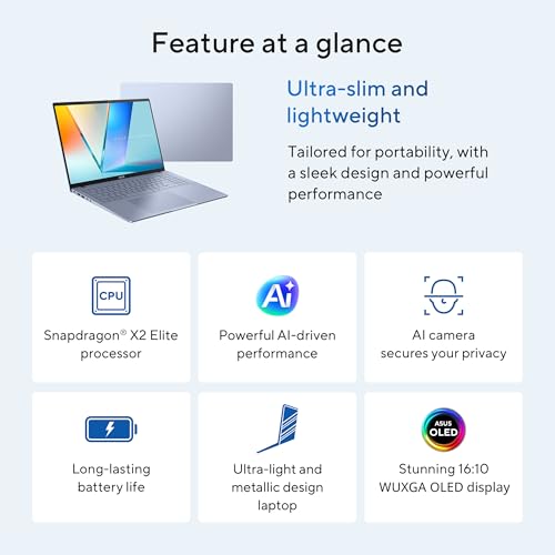 Image of ASUS Vivobook S16 Laptop (2026), Copilot+ PC, 16 inch 16:10 WUXGA OLED Display Display, Snapdragon X2 Elite Processor, Adreno GPU, 16 GB RAM, 1TB SSD, WiFi 7, Windows 11 Home, Mist Blue