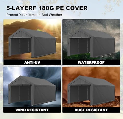 Carport, 10x20ft Heavy Duty Car Port, Portable Garage with Removable Sidewalls & Doors, Car Canopy with All-Season Tarp for Car Boat Truck Party (S-Grey)