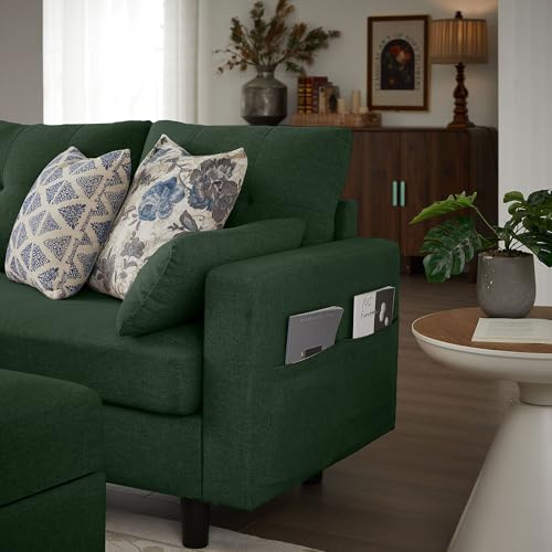 Image of 101 inch Sectional Sofa U Shaped Couch with Storage Ottomans, 4 Seater Convertible Couches for Living Room | Linen Fabric | 2 Movable Ottoman Reversible Chaises | Sectional Couch Set, Green