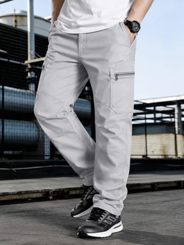 Image of Men's Pure Cotton Cargo Pants | Regular Fit Multi-Pocket Utility Trousers for Men | Solid Cargo Bottom Wear with Zip Pockets | Comfortable Casual Outdoor Wear