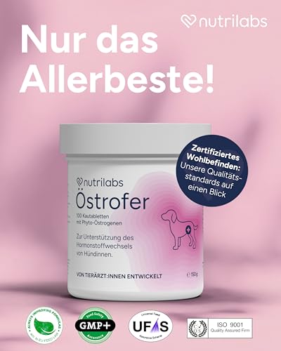 NutriLabs Östrofer Hormontabletten für Hündinnen 100 STK. - Gesundheitstabletten mit Rotkleesaat, Biotin etc. - Gesundheitsprodukte für Hunde - Nahrungsergänzungsmittel