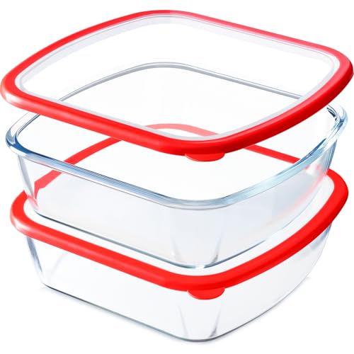 NUTRIUPS 9 x 9 Square Glass Baking Dish with Lid 2 Pack 2.75QT LARGE and DEEP Baking Dish for Oven (Red 2 Pack 2.6L)
