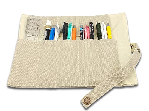 Image of Funny live Pure Color Pen Pencil Wrap Pencils Roll Holder,Simple Retro Style Pen Pouch Bag Coloring Pencils Organizer Holder Colored Pen Paint Brush Storage Pouch (Beige)