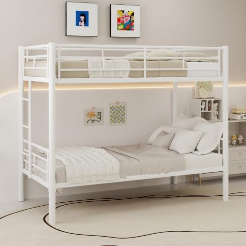 Bunk Bed Twin Over Twin for Kids, Heavy Duty Metal Bunk Bed Frame with Guardrail & Ladders, Convertible Bunkbeds for Kids Bedroom, Boys Girls Dorm Room, Under-Bed Storage Space, White
