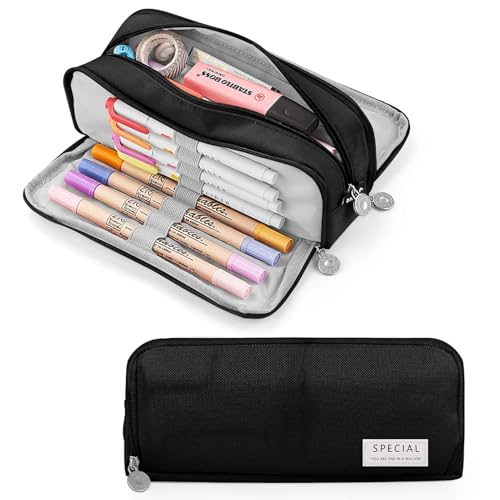 Image of Polyester Pencil Case Large Pencil Cases for Girls Boys Big Capacity Pencil Pouch with 3 Compartments School Stationary Kids College Students Office Aesthetic Pencil Pouch (Black)