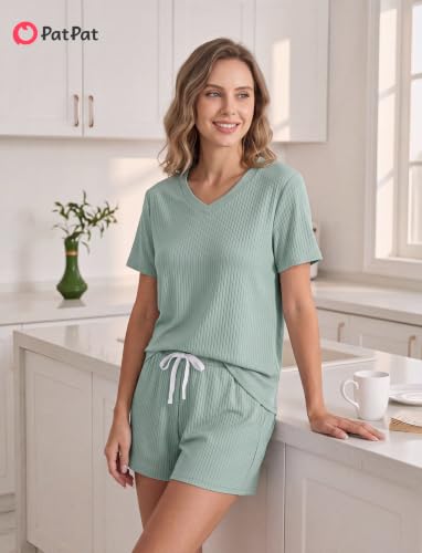 PATPAT Womens Ribbed Knit Pajamas Sets 2 Piece Lounge Sets Casual Pjs Green, XL - image 3