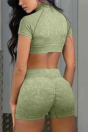 Meyeeka Women Workout Set Athletic Tracksuits Yoga Running Ruched Butt Lifting Booty Short With Paded Crop L #TOP4