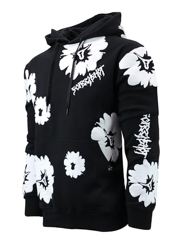 SCREENSHOT SCREENSHOT-H11510 Mens Urban Hip Hop Premium Streetwear Overzise Fit Fleece Hoodie Logo Flower High Density Puff Print Fashion Pullover Sweatshirt-Black/White-Medium