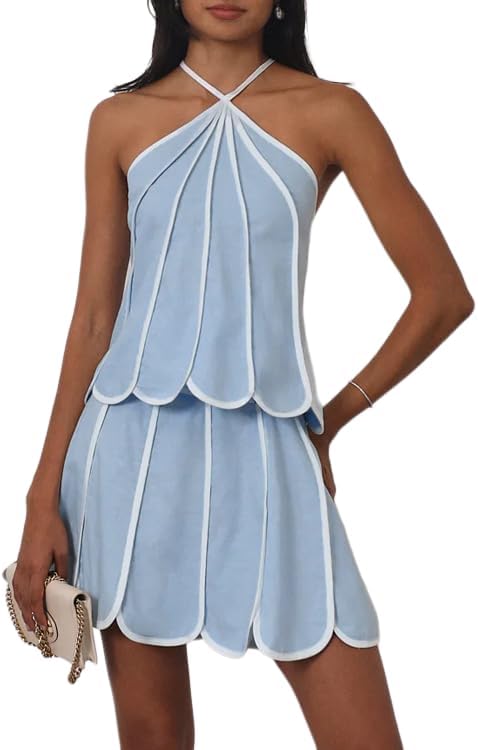 THLAI Dressy Womens 2 Piece Outfits Sleeveless Halter Neck Crop Top & Scalloped Hem Mini Skirt Set Street Style