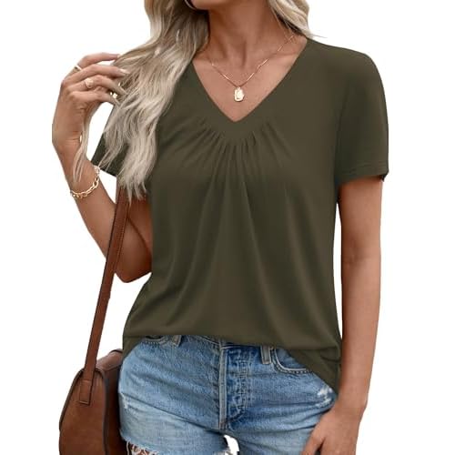 LOMON Womens Summer Tops Short Sleeve V Neck Pleated T-Shirts Loose Fit Dressy Casual Blouses S-XXL Medium A Army Green