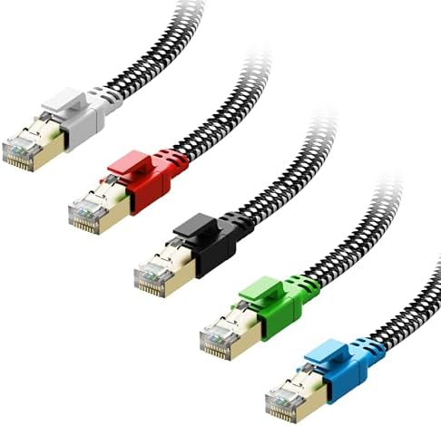 Cat 8 Ethernet Cable 7 ft 5 Pack Multi Color, Nylon Braided High Speed Heavy Duty Network LAN Patch Cord, 40Gbps 2000Mhz RJ45 Flat Internet Cable Shielded in Wall, Indoor&Outdoor for Modem/Router/PC