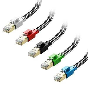 Cat 8 Ethernet Cable 3 ft 5 Pack Multi Color, Nylon Braided High Speed Heavy Duty Network LAN Patch Cord, 40Gbps 2000Mhz RJ45 Flat Internet Cable Shielded in Wall, Indoor&Outdoor for Modem/Router/PC