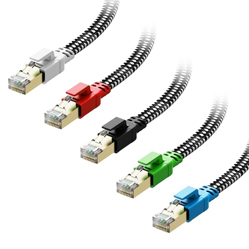 Cat 8 Ethernet Cable 1.5 ft 5 Pack Multi Color, Nylon Braided High Speed Heavy Duty Network LAN Patch Cord, 40Gbps 2000Mhz RJ45 Flat Internet Cable Shielded in Wall, Indoor&Outdoor for Modem/Router/PC by Orbram - Used condition - US$11.51