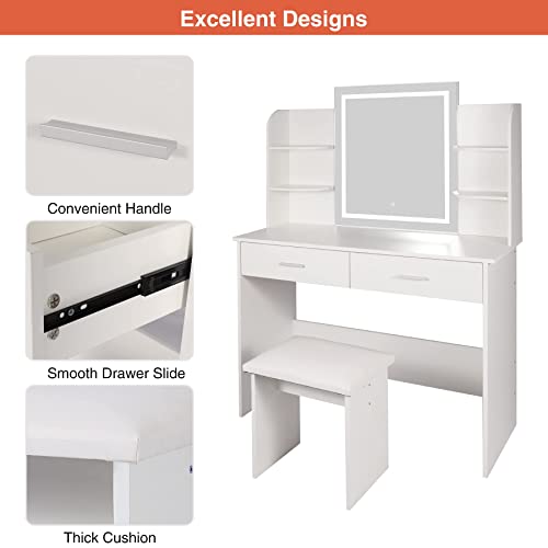 Alapur Makeup Vanity With Lights, Vanity Desk With 2 Drawers And 6 Storage Shelves, Cushioned Stool,3 Lighting Colors,White #TOP2