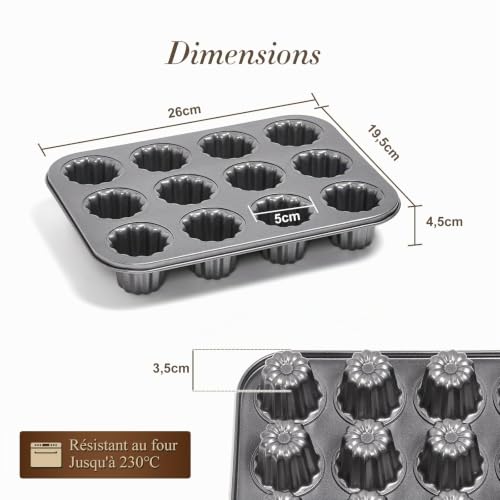 ROSSETTO Moule à Cannelés 12 Cavités set de 2 en Acier Carbone – Moule à Gâteau Antiadhésif pour Four, Moule à Pâtisserie Résistant, Gris – vue 6