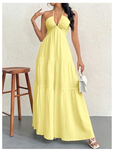 Image of SHENHE Women's Deep V Neck Tie Knot Backless Halter Dress A Line Flowy Ruffle Maxi Dress