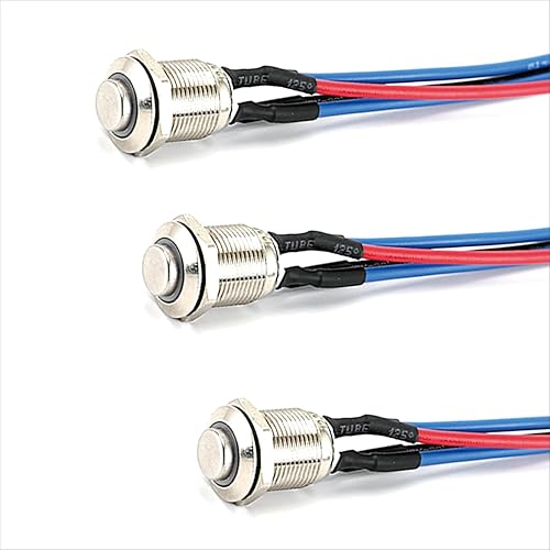 Image of 3 Pack 12mm Waterproof Push Button Switch, IP65 Stainless Steel Momentary On/Off Switch PreWired for 12V/24V/220V DC, Ideal for Car DIY, Marine, Doorbell, Electronics & Industrial Controls