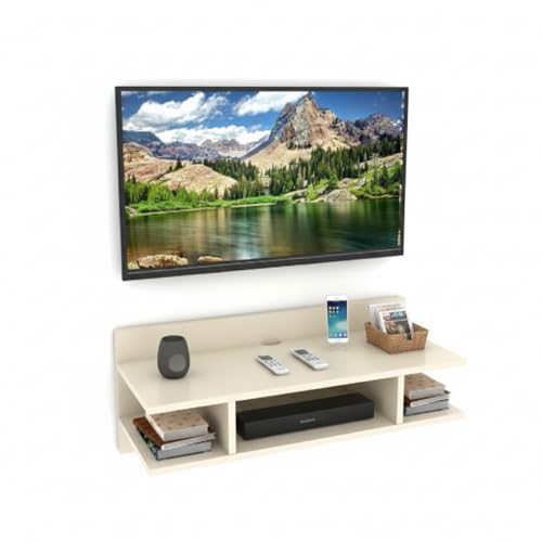Image of Engineered Wood Set Top Box Stand | Wall Mounted TV Unit Shelf for Router, WiFi, DVD, Gaming Console | Sturdy & Space Saving TV Accessory Organizer (Brown, 50 x 20 x 15 cm) (Cream)