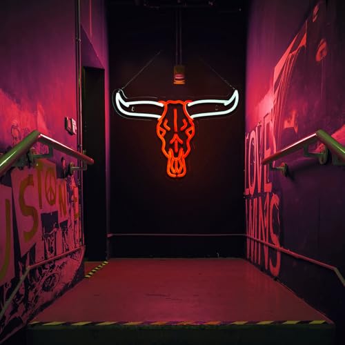 Image of Longhorn Bull Skull Neon Sign Cowboy Western Rodeo Bull Skull Neon Sign for wall decor Beer Bar Club Man Cave(16.5x11.9 Inch)
