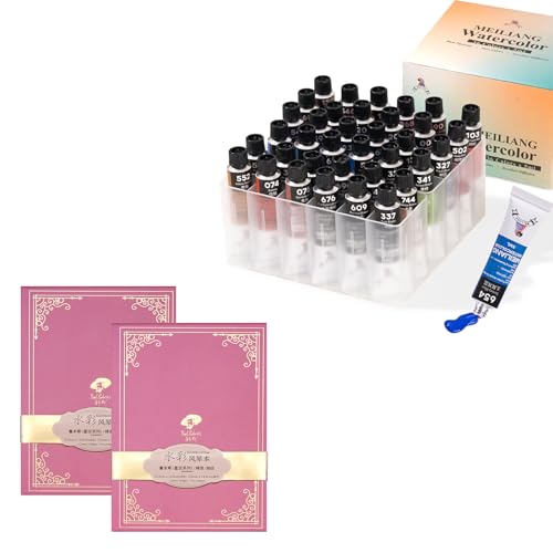MEI LIANG 36 Colors Watercolor Paint With Plastic Storage Box And Paul Rubens 5.8 x 4.1 Inches Organ Style Watercolor Paper, 140lb/300GSM 50% Cotton Hot Pressed Pack of 2 (20 Sheets)