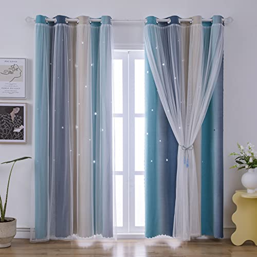 Rainbow Ombre Star Cutouts Blackout Curtains For Girl Kid Nursery Bedroom And Living Room Decor Darken Double Layer Window Cute Grommet Soundproof Darpes Light (Yellow Blue 52W X 95L 2- Panels) #TOP17