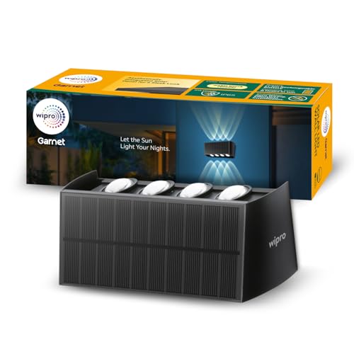 Image of wipro Garnet Solar Wall Light SW04 4x2 Way | 2 in 1 Modes | Warm White Light | Auto ON(Night) & Off(Day) | IP65 | Outdoor Light for Home, Balcony, Patio, Stairs, Garden | Easy Installation | Pk 1