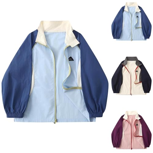 Kids Full Zip Stand Collar Outerwear Jacket Colorblock Loose Long Sleeve Casual Outdoor Sports Coat with Pockets 3-15 Years2