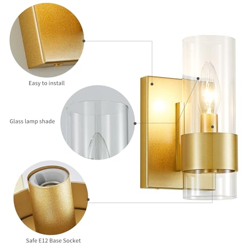 Image of WUZUPS Set of 2 1-Light Bathroom Wall Light Fixture Over Mirror Flat Class Shade Morden Vanity Scones for Bathroom Bedroom Living Room, E12 Base, Gold