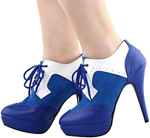 SHOW STORY Vintage Style Blue White Eyelet Lace-Up Platform High Heel Stiletto Ankle Bootie Pump Shoe,LF30312BU41,10US,Blue | Image 5