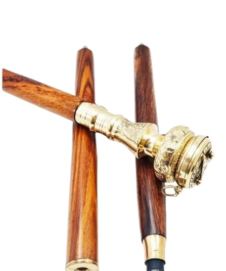 Bastón de latón con mango de brújula de reloj de sol, mango victoriano, diseño náutico de madera envejecida