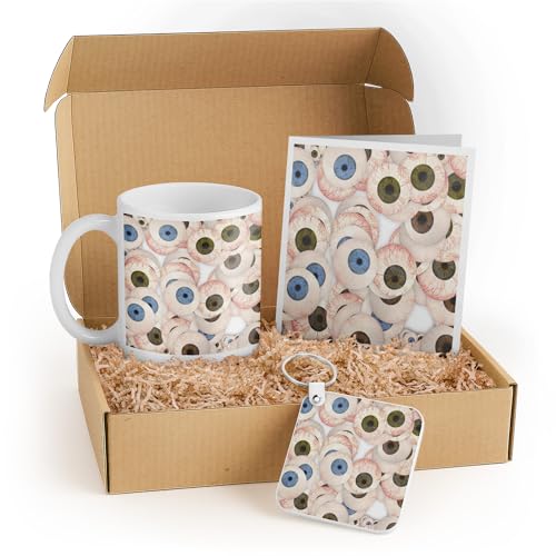 Unique Eyeball Gift Set - Mug, Keychain, and Card with Colorful Eyeball Pattern - Ideal for Friends, Party Favors, and Halloween