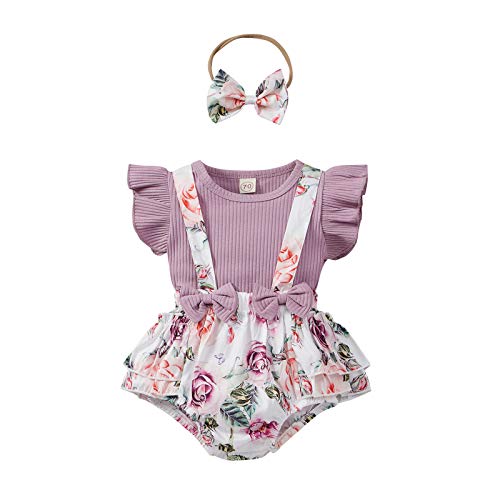 Image of DuAnyozu Infant Newborn Baby Girl Floral Summer Outfits Ruffle Sleeve Ribbed T-Shirt and Suspender Shorts with Headband