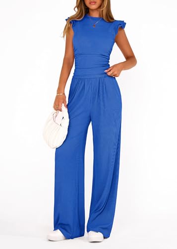 KIRUNDO Summer Outfits For Women 2026 Two Piece Set Ribbed Cap Sleeve Crop Top Wide Leg Pants Spring Matching Lounge Sets(Blue, X-Large) — view 6