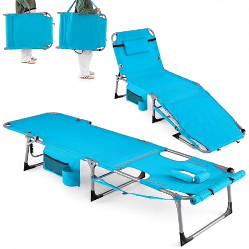 COSTWAY Bain de Soleil Pliable Inclinable à 5 Positions, Charge 150kg, Transat de Plage, Trou pour Visage, Appui-tête Amovible, Porte-gobelet et Poche,...